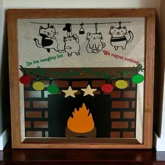 Christmas Handmade Picture 12" by 12" with Whimsical Cats "On the naughty list" - Picture 2 of 2